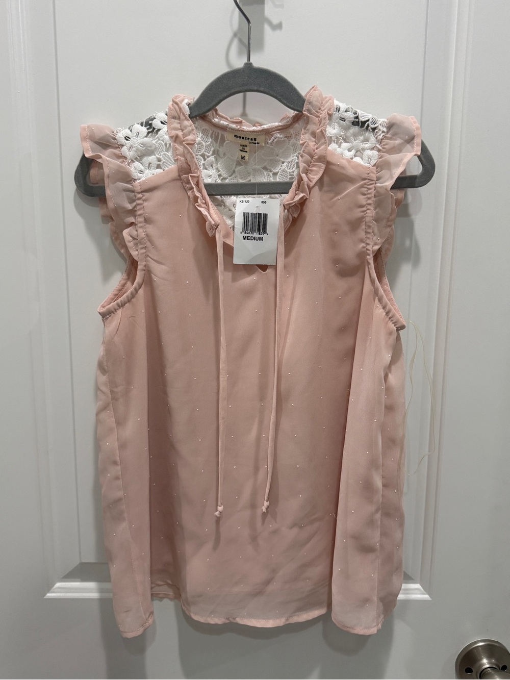 Girls Light Pink Ruffle-Trim Sleeveless Blouse with Lace Back